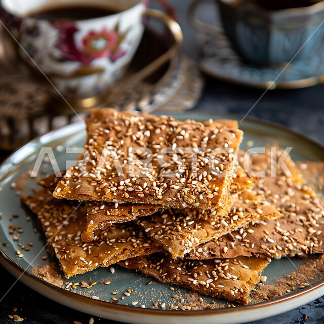 وصفات وأطباق حلوى متميزة، أقراص العقيلي المقرمشة المرشوشة بالسمسم والهيل، حلويات تقليدية طازجة، صورة مقربة لطبق من أقراص البسكويت الشعبي الهش مع فنجان من القهوة العربية، كعك العيد الشهي، ضيافة الاعياد والمناسبات