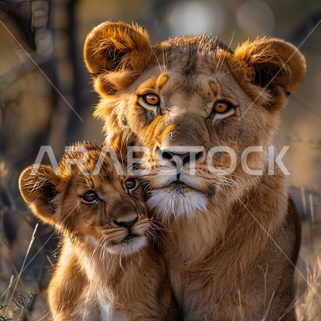 الحيوانات البرية المفترسة في المحميات الطبيعية, حنان الأم ورعايتها لصغارها, صورة مقربة لأنثى الأسد وطفلها الشبل في أحد غابات المملكة, الاهتمام بالحيوانات في السعودية, مفهوم الحياة البرية