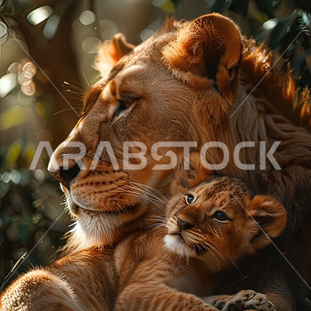 A mother’s tenderness and care for her young, predatory wild animals in natural reserves, a close-up of a female lion and her cub in one of the Kingdom’s forests, interest in animals in Saudi Arabia, the concept of wildlife