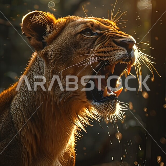 The concept of wildlife in natural forests, natural reserves for breeding ferocious and predatory animals, a close-up of a lioness opening her mouth with forceful gestures, zoos in the Kingdom of Saudi Arabia