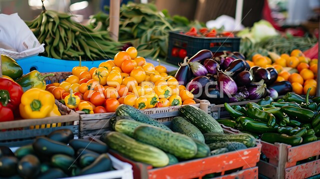 المحاصيل والمنتجات الزراعية الوطنية، مجموعة من المنتجات الطازجة الملونة في الأسواق المحلية في الصباح الباكر، سوق شعبي لبيع الخضار والفواكه، موسم قطاف المحصول الزراعي في المزارع، الاهتمام بالزراعة في المملكة
