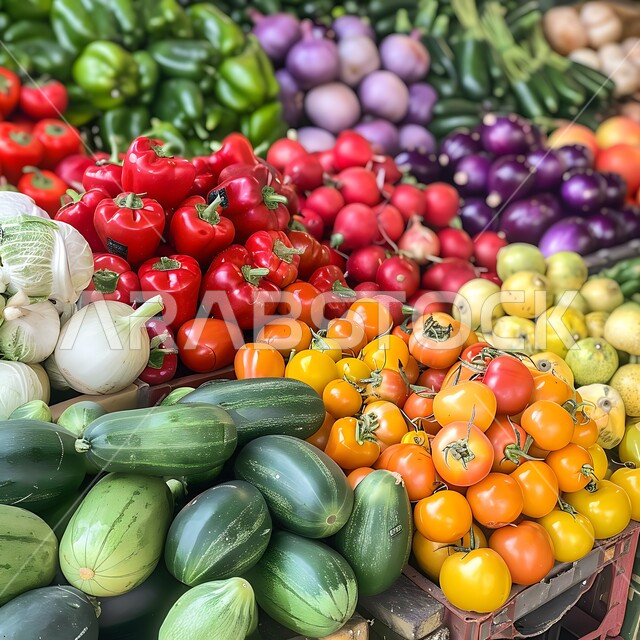 المحاصيل والمنتجات الزراعية الوطنية، مجموعة من المنتجات الطازجة الملونة في الأسواق المحلية في الصباح الباكر، سوق شعبي لبيع الخضار والفواكه، موسم قطاف المحصول الزراعي في المزارع، الاهتمام بالزراعة في المملكة