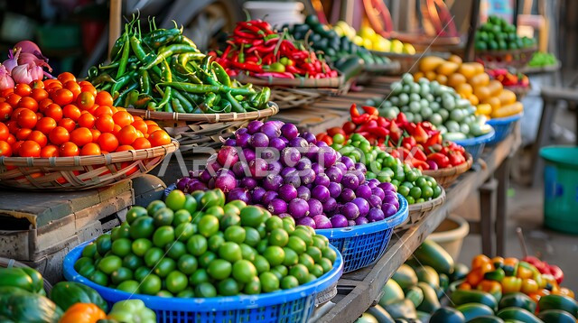 المحاصيل والمنتجات الزراعية الوطنية، مجموعة من المنتجات الطازجة الملونة في الأسواق المحلية في الصباح الباكر، سوق شعبي لبيع الخضار والفواكه، موسم قطاف المحصول الزراعي في المزارع، الاهتمام بالزراعة في المملكة