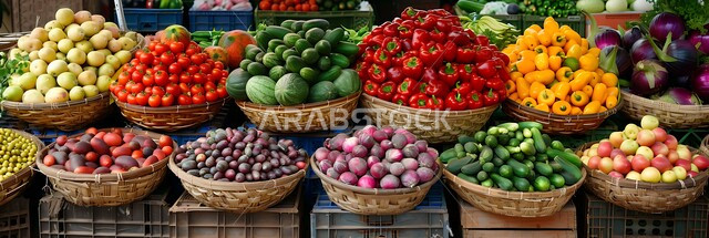 المنتجات والمحاصيل الزراعية الوطنية، مجموعة من المنتجات الطازجة الملونة في الأسواق المحلية في الصباح الباكر، سوق شعبي لبيع الخضار والفواكه، موسم قطاف المحصول الزراعي في المزارع، الاهتمام بالزراعة في المملكة