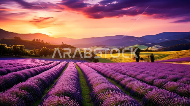 زراعة الأزهار والورود في المملكة العربية السعودية، منظر غروب الشمس على الأراضي الزراعية، امتداد حقول زهور الخزامى المتفتحة باللون البنفسجي، حقل من اللافندر العطري في أحد المزارع الخضراء 