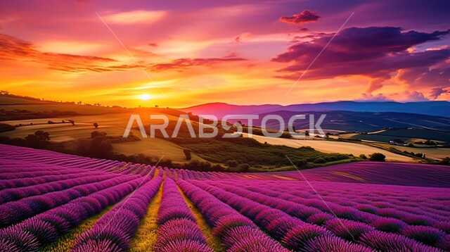 منظر غروب الشمس على الأراضي الزراعية، زراعة الأزهار والورود في المملكة العربية السعودية، امتداد حقول زهور الخزامى المتفتحة باللون البنفسجي، حقل من اللافندر العطري في أحد المزارع الخضراء 