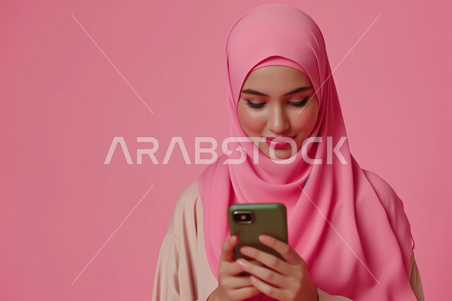 الدردشة و التواصل مع العائلة والاصدقاء، بورتريه مقرب لامرأة عربية خليجية سعودية محجبة مبتسمة تقوم بالتحدث عبر الهاتف المحمول، الاجابة والرد على الرسائل عبر الموبايل، خلفية وردية