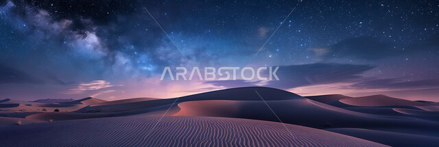منظر لمجرة درب التبانة والنجوم اللامعة في سماء السعوديه, جبال ومرتفعات المملكة العربية السعودية في الليل، التضاريس والبيئة الصحراوية في الصحراء العربية، الكثبان الرملية الذهبية،  خلفية الطبيعة