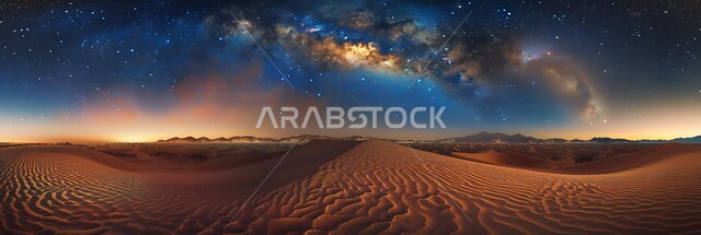 جبال ومرتفعات المملكة العربية السعودية في الليل، التضاريس والبيئة الصحراوية في الصحراء العربية، منظر لمجرة درب التبانة والنجوم اللامعة في سماء السعوديه, الكثبان الرملية الذهبية،  خلفية الطبيعة