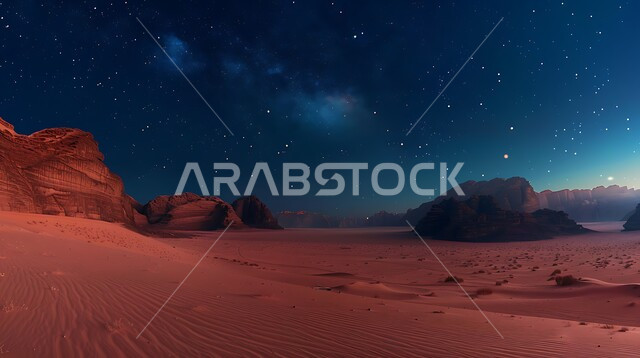 منظر لمجرة درب التبانة والنجوم اللامعة في سماء السعوديه, جبال ومرتفعات المملكة العربية السعودية في الليل، التضاريس والبيئة الصحراوية في الصحراء العربية، الكثبان الرملية الذهبية،  خلفية الطبيعة