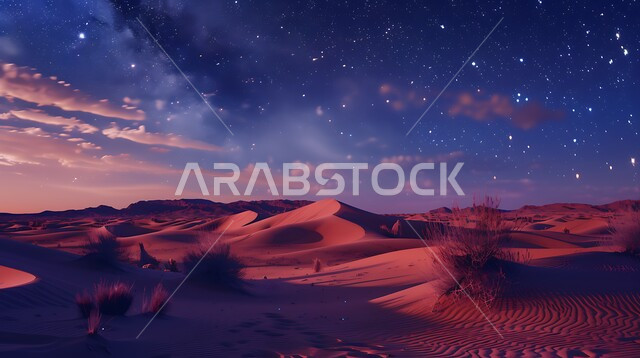 منظر لمجرة درب التبانة والنجوم اللامعة في سماء السعوديه, جبال ومرتفعات المملكة العربية السعودية في الليل، التضاريس والبيئة الصحراوية في الصحراء العربية، الكثبان الرملية الذهبية،  خلفية الطبيعة