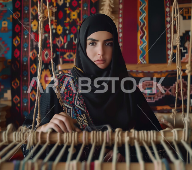 Ancient popular traditional professions and industries, traditional Saudi handicrafts, a Saudi Gulf Arab woman wearing a black abaya, knitting and spinning textiles and fabrics, the craft of making bathrobes and bedspreads, using colored threads, women’s arts and skills.