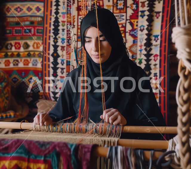 صناعات ومهن تقليدية شعبية قديمة، حرف يدوية تراثية سعودية، إمرأة عربية خليجية سعودية ترتدي العباءة السوداء تقوم بحياكة وغزل النسيج والأقمشة, حرفة صناعة المشالح والمفارش، استخدام الخيوط الملونة، الفنون والمهارات النسائية