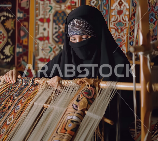 الفنون والمهارات النسائية، مهن وصناعات تقليدية شعبية قديمة، حرف يدوية تراثية سعودية، إمرأة عربية خليجية سعودية ترتدي العباءة السوداء والنقاب تقوم بحياكة وغزل النسيج والأقمشة, حرفة صناعة المشالح والمفارش، استخدام الخيوط الملونة
