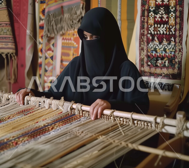 حرفة صناعة المشالح والمفارش، استخدام الخيوط الملونة، الفنون والمهارات النسائية، مهن وصناعات تقليدية شعبية قديمة، حرف يدوية تراثية سعودية، إمرأة عربية خليجية سعودية ترتدي العباءة السوداء والنقاب تقوم بحياكة وغزل النسيج والأقمشة