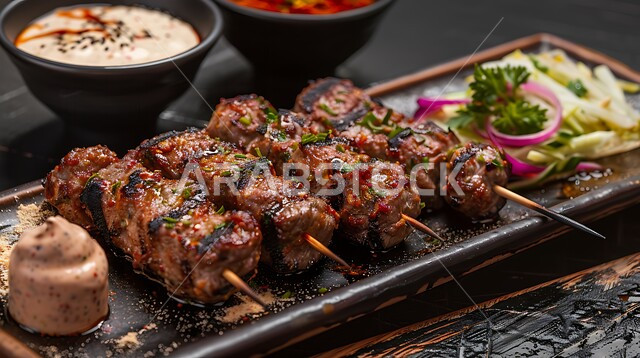 وصفات الدجاج واللحوم بنكهات متنوعة، طبق من أسياخ الكباب المشوي على الفحم مع البقدونس والبصل وصلصة الطحينة، أطعمة وأغذية صحية, مطاعم للمأكولات العربية الشرقية، وجبات لحم الضأن الشهية الساخنة