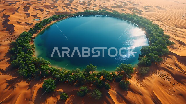 التلال والكثبان الرملية الناعمة في الصحراء، المحميات الطبيعية في المملكة العربية السعودية، محاصيل ومنتجات زراعية محلية، صورة من الأعلى للواحات ومزارع أشجار النخيل في المناطق الصحراوية حول البحيرات المائية، مناطق رحلات السفاري الترفيهية