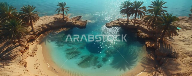 التلال والكثبان الرملية الناعمة في الصحراء، المحميات الطبيعية في المملكة العربية السعودية، محاصيل ومنتجات زراعية محلية، صورة من الأعلى للواحات ومزارع أشجار النخيل في المناطق الصحراوية حول البحيرات المائية، مناطق رحلات السفاري الترفيهية