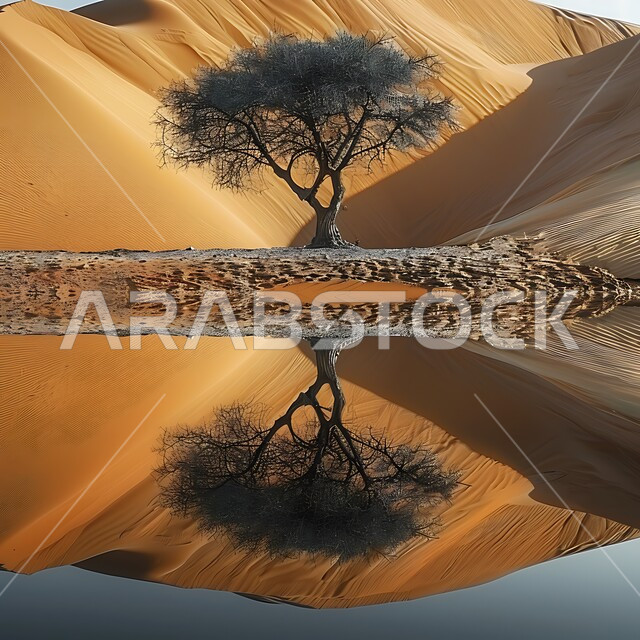انعكاس ظل الشجرة على بحيرة الماء، مناطق رحلات السفاري الترفيهية، التلال والكثبان الرملية الناعمة في الصحراء، المحميات الطبيعية في المملكة العربية السعودية، محاصيل ومنتجات زراعية محلية، واحات في المناطق الصحراوية