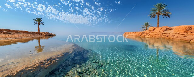 السماء المليئة بالغيوم البيضاء، واحات ومزارع أشجار النخيل في المناطق الصحراوية حول البحيرات المائية، محاصيل ومنتجات زراعية محلية، المحميات الطبيعية في المملكة العربية السعودية، التلال والكثبان الرملية الناعمة في الصحراء، مناطق رحلات السفاري الترفيهية