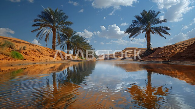 السماء المليئة بالغيوم البيضاء، واحات ومزارع أشجار النخيل في المناطق الصحراوية حول البحيرات المائية، محاصيل ومنتجات زراعية محلية، المحميات الطبيعية في المملكة العربية السعودية، التلال والكثبان الرملية الناعمة في الصحراء، مناطق رحلات السفاري الترفيهية