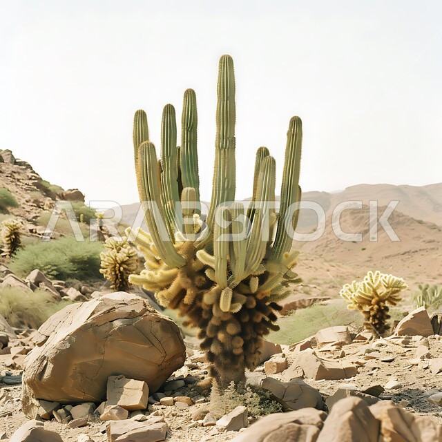  سلسلة الجبال والتكوينات والتشكلات الصخرية، نبات الصبار الشوكي في المناطق الصحراوية والكثبان الرملية في البراري، اماكن سياحية للسفاري في المملكة العربية السعودية، نمو النباتات الشوكية والاعشاب البرية في المحميات الطبيعية الصحراوية