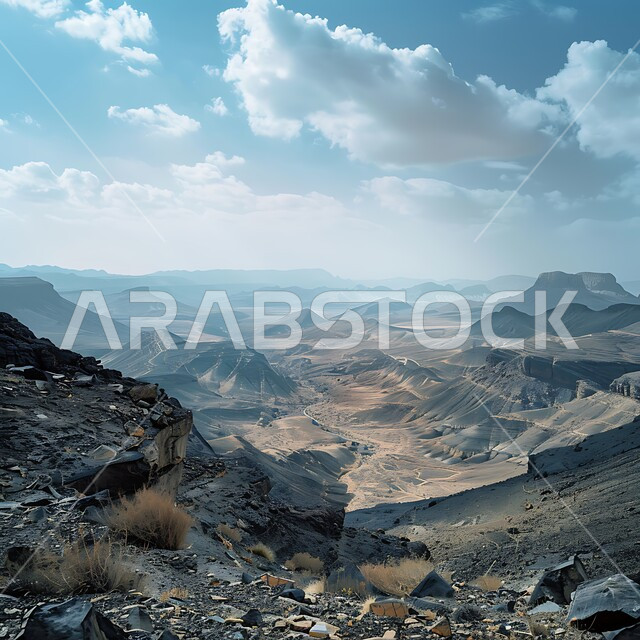 منظر الغيوم والسحب البيضاء في السماء فوق المحميات الطبيعية الصحراوية، سلسلة الجبال والتكوينات والتشكلات الصخرية في المناطق الصحراوية، الوديان والقمم الصخرية في البراري، معالم اثرية تاريخية قديمة، اماكن سياحية مشهورة في المملكة العربية السعودية