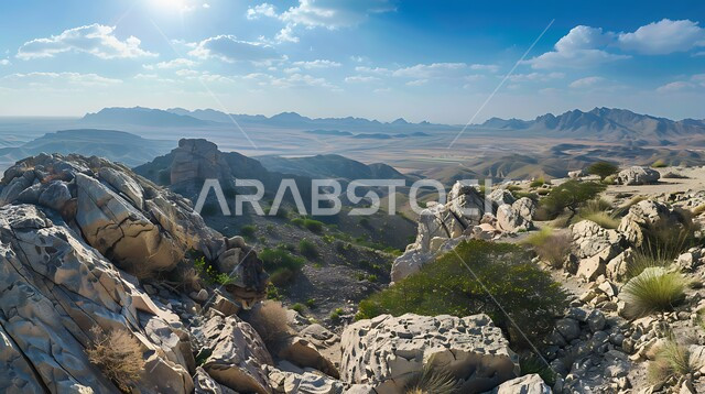 الوديان والقمم الصخرية في البراري، معالم اثرية تاريخية قديمة، اماكن سياحية مشهورة في المملكة العربية السعودية، منظر الغيوم والسحب البيضاء في السماء فوق المحميات الطبيعية الصحراوية، سلسلة الجبال والتكوينات والتشكلات الصخرية في المناطق الصحراوية
