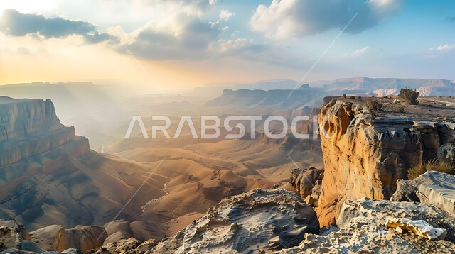  سلسلة الجبال والتكوينات والتشكلات الصخرية في المناطق الصحراوية، الكثبان الرملية والوديان في البراري، معالم اثرية تاريخية قديمة، اماكن سياحية مشهورة في المملكة العربية السعودية، منظر الغيوم والسحب البيضاء في السماء فوق المحميات الطبيعية الصحراوية