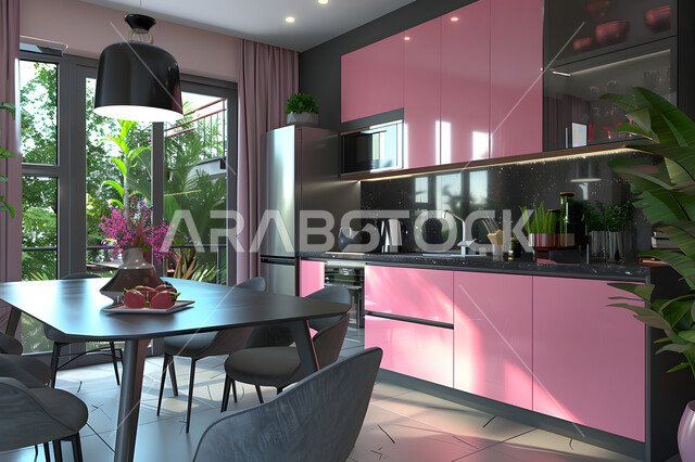 استخدام الطراز الفني الراقي في الأثاث المنزلي، مطبخ بديكورات داخلية عصرية فاخرة باللون الأسود والوردي، فنون الهندسة المعمارية المتميزة الحديثة، شقق وفلل سكنية في السعودية