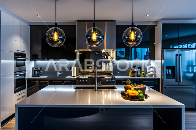 فلل وشقق سكنية في السعودية، مطبخ بديكورات داخلية عصرية فاخرة باللون الأبيض، فنون الهندسة المعمارية المتميزة الحديثة، استخدام الطراز الفني الراقي في الأثاث المنزلي