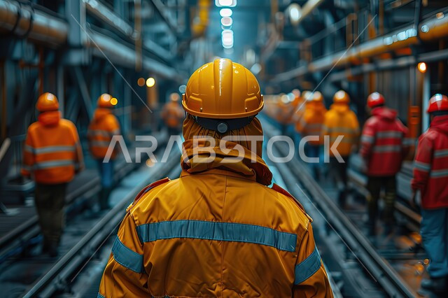 العمل في المجال الصناعي, صورة مقربة من الخلف لمهندس عربي خليجي سعودي يرتدي السترة وخوذة الحماية  يتجول في المصنع, مصانع المملكة العربية السعودية, الاشراف والتدقيق في المعامل الصناعية, مهن ووظائف شبابية في المملكة الغربية السعودية