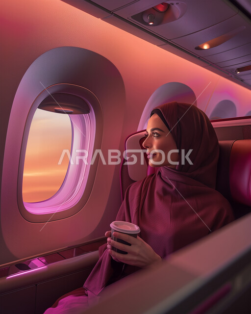 Means of transportation and air transportation, Saudi airlines and companies, the concept of tourism and travel, a veiled Saudi Gulf Arab woman sitting in a seat inside the plane holding a cup of coffee in her hand, providing advanced services for easy movement between countries.