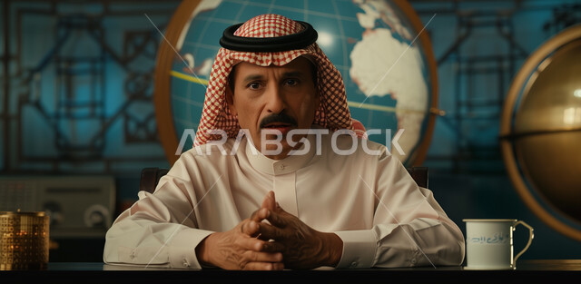 Using graphics technology to present news. A Saudi Gulf Arab broadcaster and media personality wears the traditional dress and shemagh. He has the skill to present news bulletins, urgent and various international news, read news bulletins, and gestures of seriousness and self-confidence.