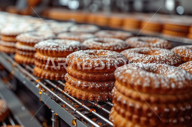 الأساليب الفنية في تقديم الطعام ، منتجات محلية وطنية، الحلويات العربية الشرقية، صورة مقربة لقطع البسكويت الشهية على الحزام الناقل في مصنع الحلويات، مأكولات غنية بالسكريات والسعرات الحرارية