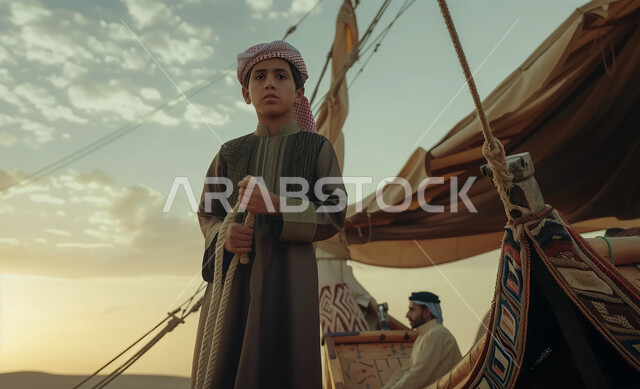 الحياة التقليدية البدوية في الصحراء، شعبيات وتراث المملكة العربية السعودية، ولد عربي خليجي سعودي يرتدي الثياب التقليدية والشماغ يقف بجوار خيمة على الطراز العربي القديم، رحلة برية وتخييم في المناطق الصحراوية