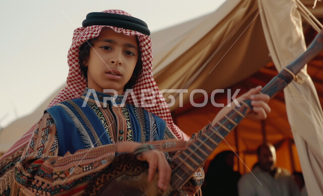 رحلة برية وتخييم في المناطق الصحراوية، الحياة التقليدية البدوية في الصحراء، ولد عربي خليجي سعودي يرتدي الثياب التقليدية والشماغ يقف بجوار خيمة على الطراز العربي القديم ويحمل بيده العود، شعبيات وتراث المملكة العربية السعودية