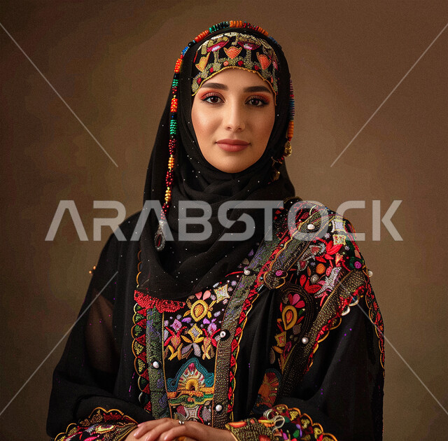 Interest in elegance and external appearance, the concept of softness and femininity, a close-up portrait of a veiled Saudi Arabian Gulf woman, smiling, wearing traditional clothing, looking at the camera with gestures of joy and pleasure, brown background