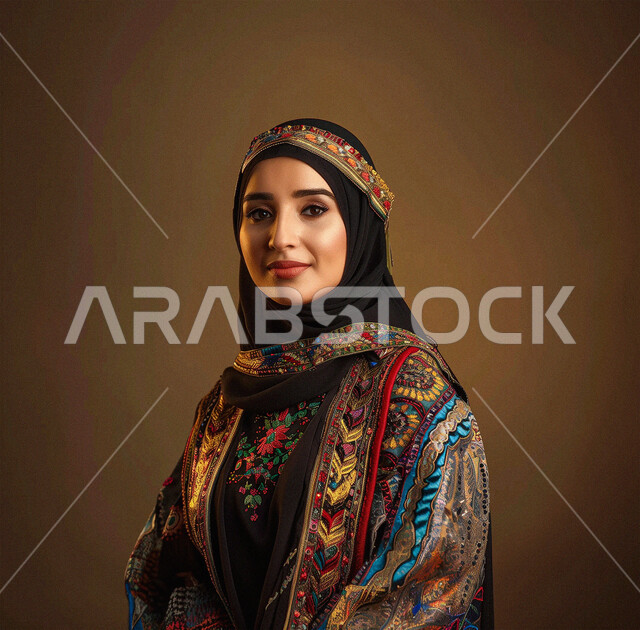الإهتمام بالأناقة والمظهر الخارجي، مفهوم النعومة والأنوثة، بورتريه مقرب لإمرأة عربية خليجية سعودية محجبة مبتسمة ترتدي الملابس التقليدية تنظر الى الكاميرا بإيماءات الفرح والسرور، خلفية بنية