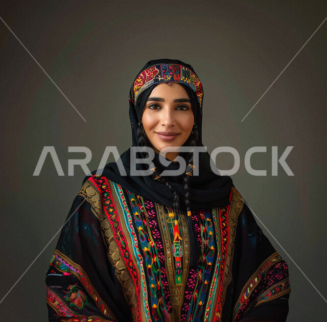 Interest in elegance and external appearance, the concept of softness and femininity, a close-up portrait of a veiled Saudi Arabian Gulf woman, smiling, wearing traditional clothing, looking at the camera with gestures of joy and pleasure, brown background