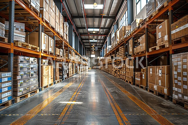 صناديق وكراتين مغلفة داخل المستودع، عمليات الاستلام والتخزين والتوزيع، مخازن ومستودعات معامل ومصانع المملكة العربية السعودية، مفهوم إدارة المخزون, الخلفية الصناعية.