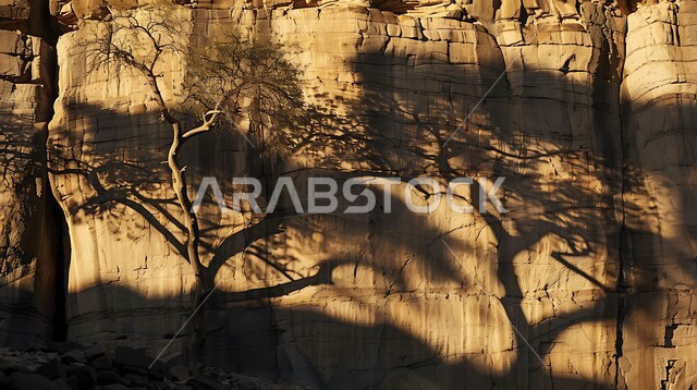 انعكاس ظلال الاشجار على الصخور الجبلية، سلسلة الجبال والتكوينات والتشكلات الصخرية في المناطق الصحراوية، الكثبان الرملية والوديان في البراري، اماكن سياحية مشهورة في المملكة العربية السعودية، المحميات الطبيعية الصحراوية