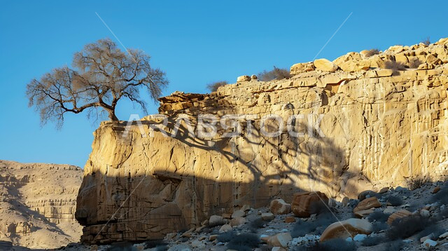 انعكاس ظلال الاشجار على الصخور الجبلية، سلسلة الجبال والتكوينات والتشكلات الصخرية في المناطق الصحراوية، الكثبان الرملية والوديان في البراري، اماكن سياحية مشهورة في المملكة العربية السعودية، المحميات الطبيعية الصحراوية