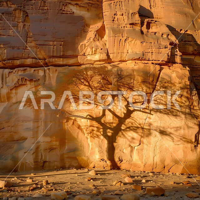  سلسلة الجبال والتكوينات والتشكلات الصخرية في المناطق الصحراوية، الكثبان الرملية والوديان في البراري، اماكن سياحية مشهورة في المملكة العربية السعودية، المحميات الطبيعية الصحراوية، انعكاس ظلال الاشجار على الصخور الجبلية