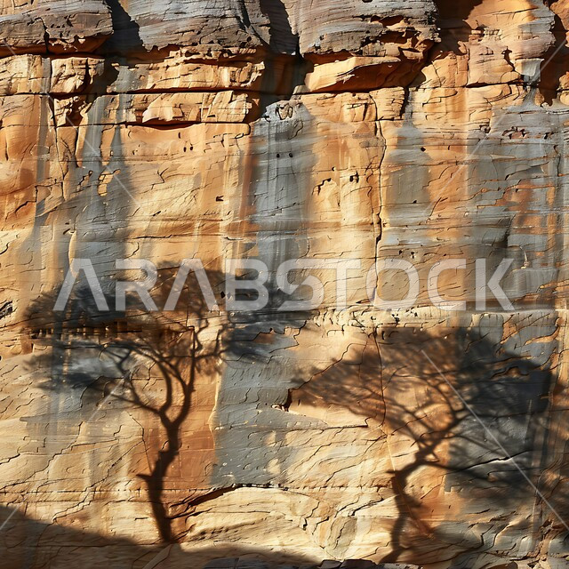  سلسلة الجبال والتكوينات والتشكلات الصخرية في المناطق الصحراوية، الكثبان الرملية والوديان في البراري، اماكن سياحية مشهورة في المملكة العربية السعودية، المحميات الطبيعية الصحراوية، انعكاس ظلال الاشجار على الصخور الجبلية