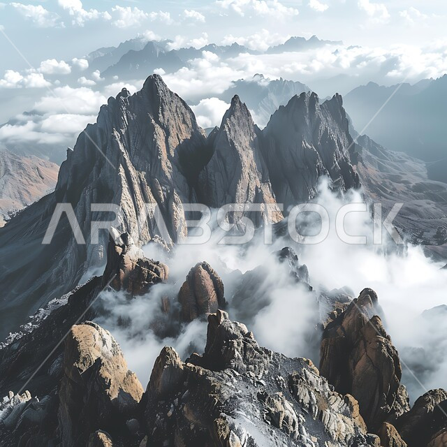 الوديان والقمم الصخرية في البراري، منظر الغيوم والسحب البيضاء في السماء تخترق سلسلة الجبال والتكوينات والتشكلات الصخرية في المناطق الصحراوية، اماكن سياحية مشهورة في المملكة العربية السعودية