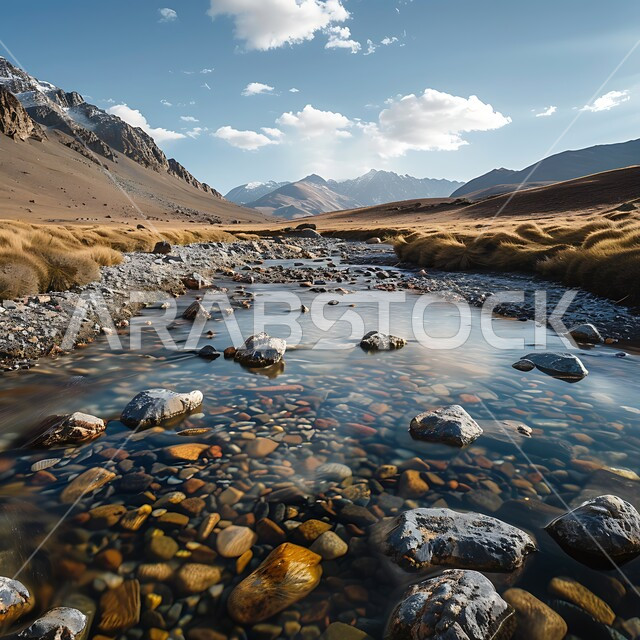 الوديان والقمم الصخرية في البراري، منظر الغيوم والسحب البيضاء في السماء، جريان المياه الصافية في وادي بين سلسلة الجبال والتكوينات والتشكلات الصخرية في المناطق الصحراوية، اماكن سياحية مشهورة في المملكة العربية السعودية
