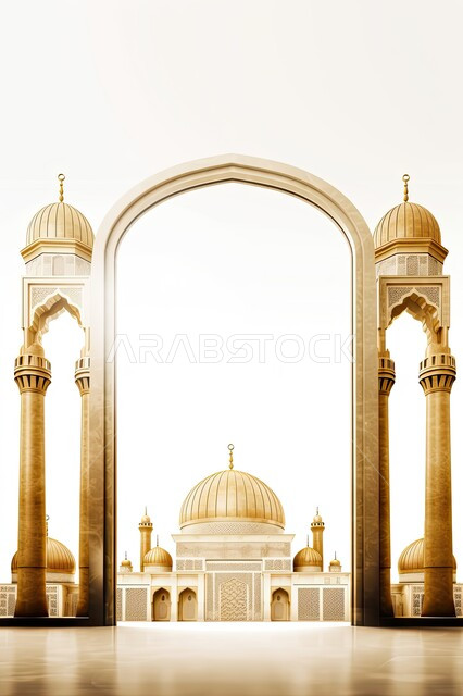 Islamic-style decorations and designs in golden color, Ramadan religious backgrounds, architectural engineering art of mosques, the concept of worship and closeness to God, distinctive domes and minarets with the crescent moon.
