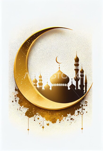 الفن الهندسي المعماري للمساجد، مفهوم العبادة والتقرب إلى الله، القبب والمآذن المتميزة مع الهلال، ديكورات وتصاميم على الطراز الاسلامي باللون الذهبي، خلفيات دينية رمضانية