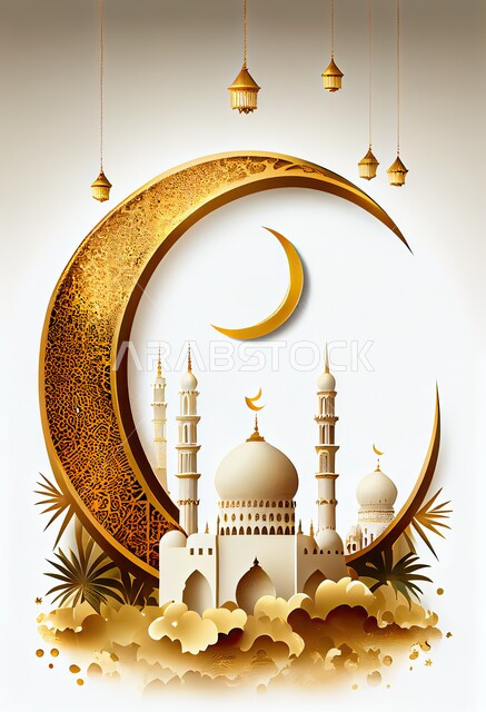 مفهوم العبادة والتقرب إلى الله، الفن الهندسي المعماري للمساجد، القبب والمآذن المتميزة مع الهلال، ديكورات وتصاميم على الطراز الاسلامي باللون الذهبي، خلفيات دينية رمضانية